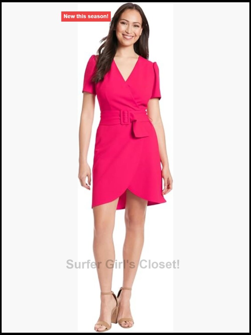 V-Neck Short Sleeve Belted Sheath Dress with Tulip Hem